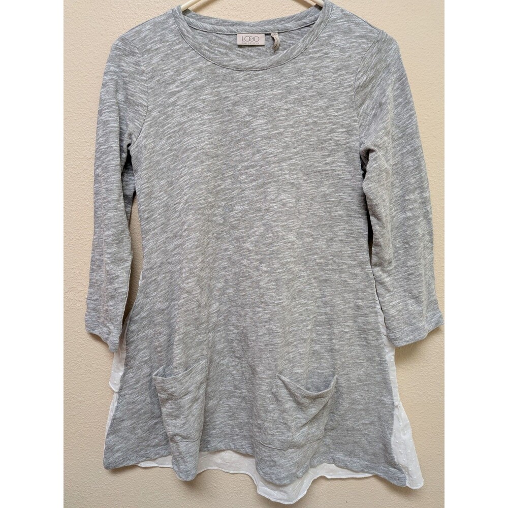 LOGO Lori Goldstein Swing Top Womens XXS Gray 3/4 Sleeve Pockets Colorblock